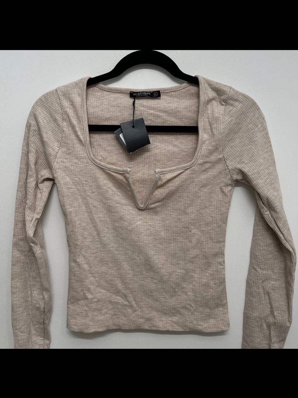 NWT Nasty Gal Neutral Ribbed Notch-Neck Long Sleeve Top
